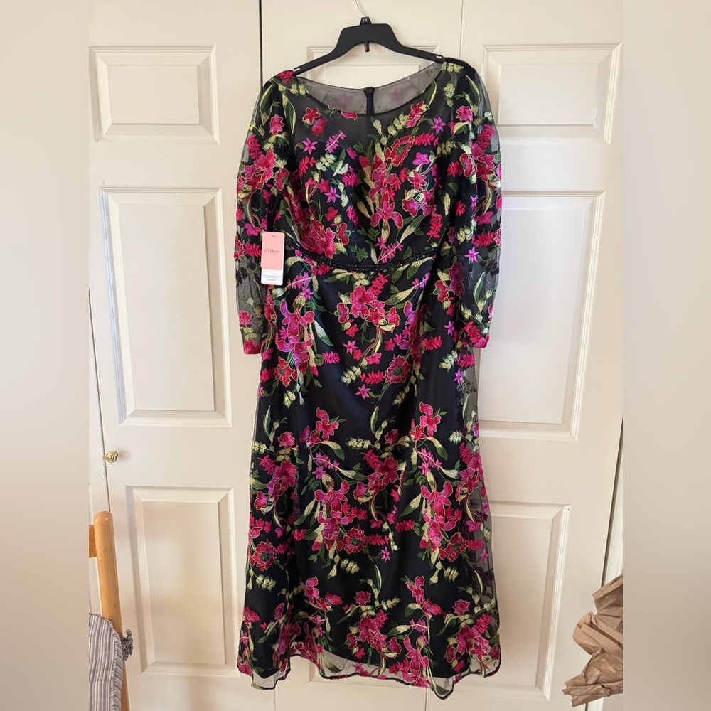 JJs House Black Dress with Pink Floral Embroidery